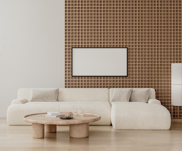 Photo horizontal frame mock up in modern living room interior with wooden wall panel and white sofa 3d