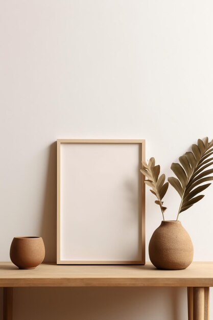 A horizontal frame mockup on a light background with a wooden board AI generated