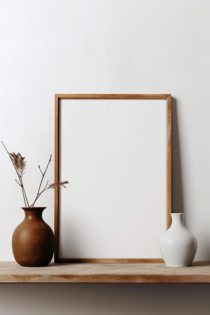 Photo a horizontal frame mockup on a light background with a wooden board ai generated