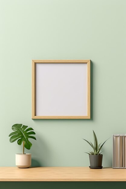 A horizontal frame mockup on a light mint background with a textured wooden board AI generated