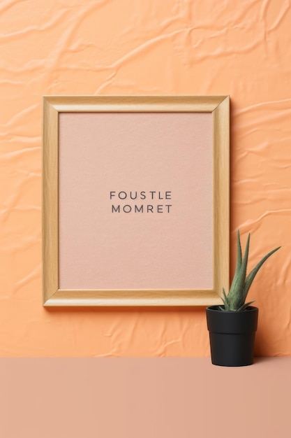 A horizontal frame mockup on a light peach background with a textured wooden board AI generated