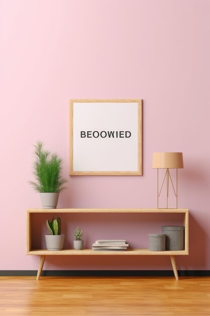 A horizontal frame mockup on a light pink background with a textured wooden board AI generated