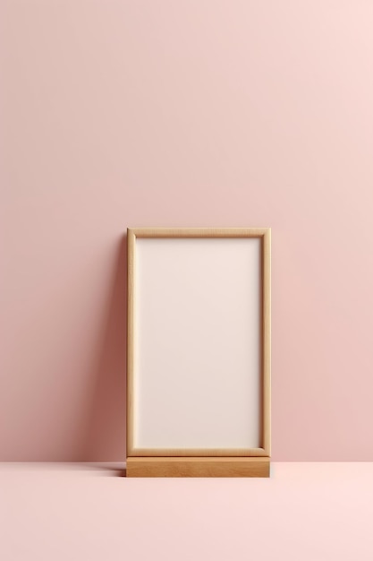 A horizontal frame mockup on a light pink background with a textured wooden board AI generated