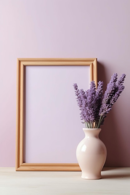 A horizontal frame mockup on a light purple background with a wooden board AI generated