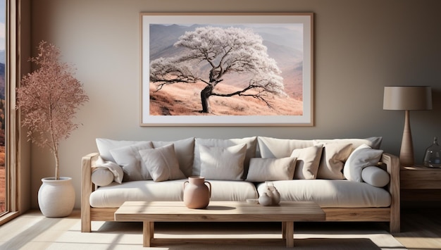 Horizontal frame for a poster in the interior of a living room in a modern style a beige sofa with