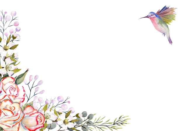 Foto cornice orizzontale con fiori di rosa ad acquerello, foglie, decorazioni e colibrì
