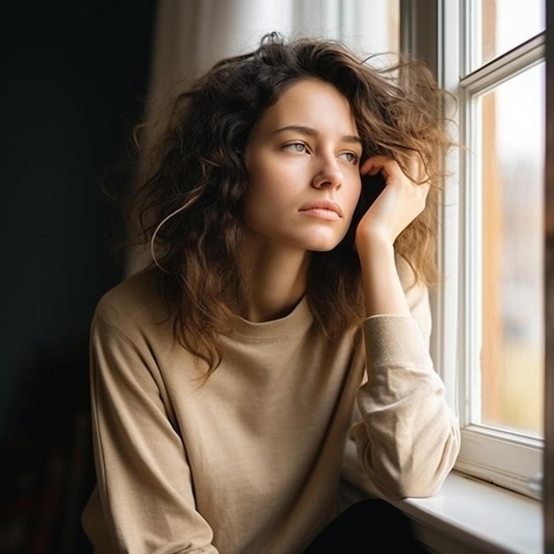 a horizontal front view shot of thoughtful woman looking out of window