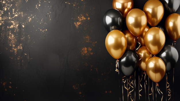 Horizontal gold balloons bunch a black wall background Generative AI