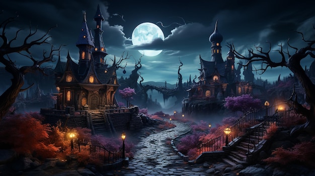 Horizontal Halloween haunted house copyspace background