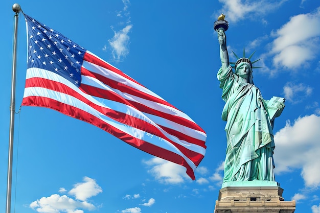 青い晴れた空の背景にアメリカ国旗を掲げた象徴的な自由の像