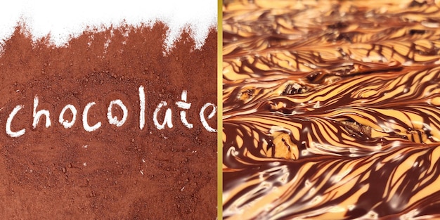 Horizontal image of chocolate powder forming a word with chocolate bits on a white background