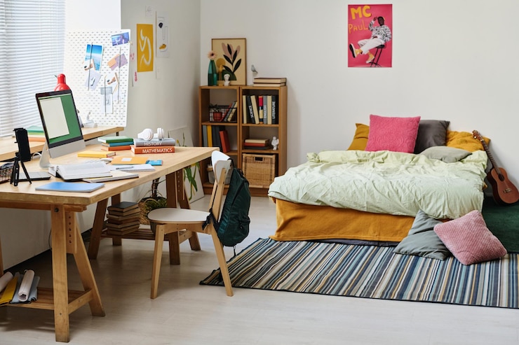 Photo horizontal image of modern bedroom of teenager with desk with computer monitor on it