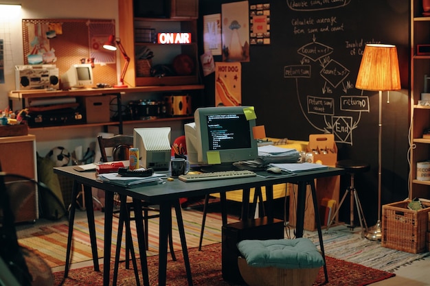 Horizontal image of oldfashioned garage with computers for work