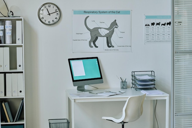 Photo horizontal image of workplace with computer monitor of vet doctor at vet clinic