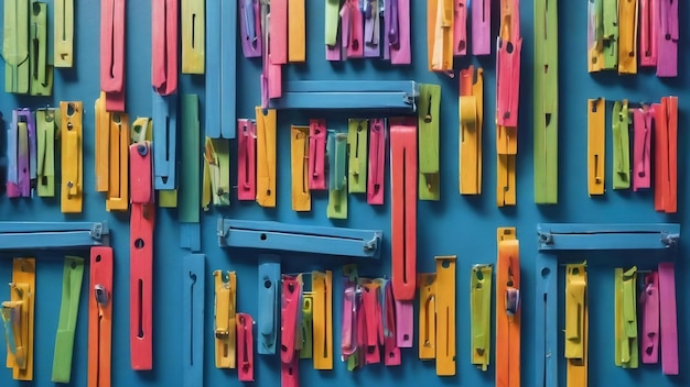 Horizontal laundry pattern from colorful clothes pins on a blue wall top view