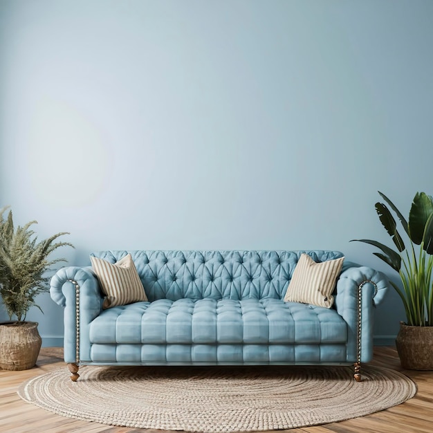 Horizontal mockup poster modern interior design tufted sofa blue wall background