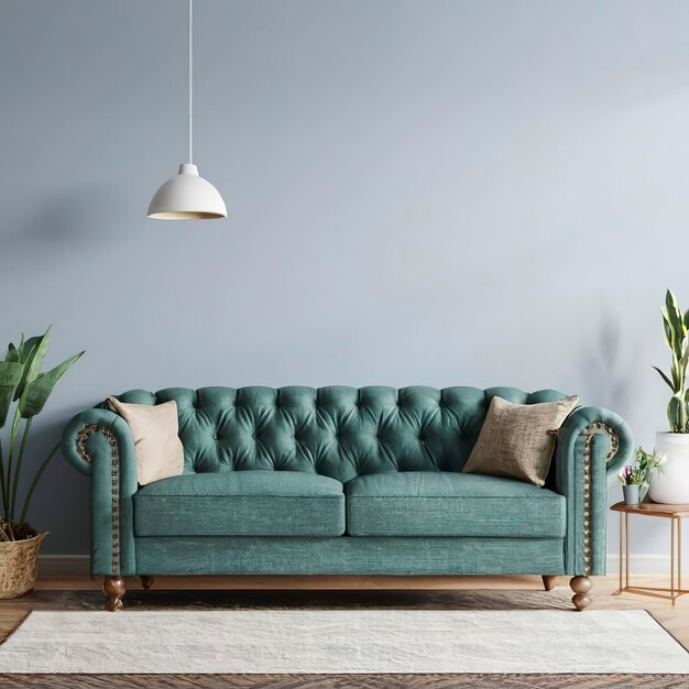 Horizontal mockup poster modern interior design tufted sofa blue wall background