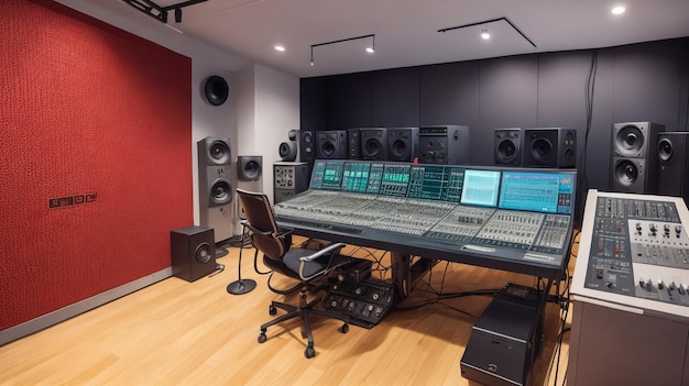 Horizontal no people shot of workspace in recording studio interior with mixing console armchair l