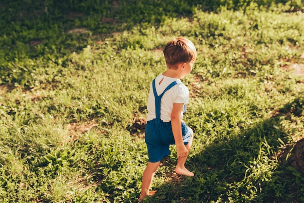 Horizontal outdoors rear view image of happy little boy wearing blue shorts playing at sunlight and nature background Cheerful child running on the green grass in the park Kid having fun Childhood