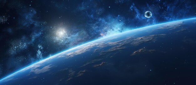 블루의 수평 파노라마 행성, 별, 은하 등 인공지능이 생성한 우주 장면