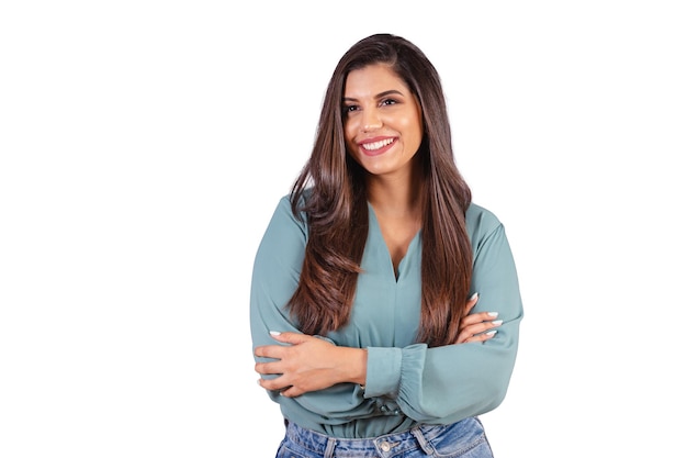 Horizontal photo Beautiful Brazilian woman with casual clothes Jeans and green shirt with arms crossed