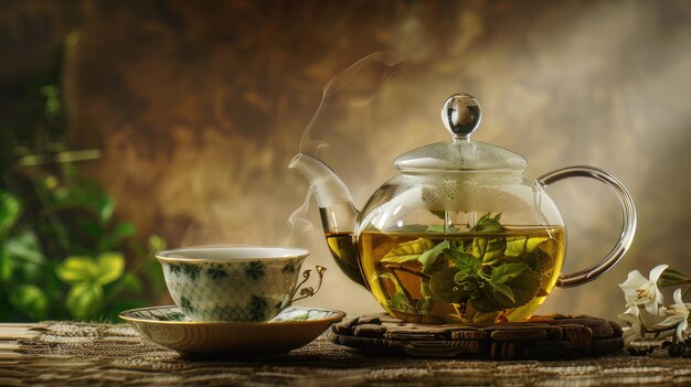 horizontal photo of the glass teapot flow green tea in cup on brown background tea ceremony