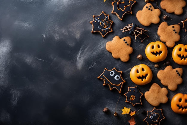 Horizontal photo of halloween sweets with beautiful and delicious ginger biscuits on a halloween gin