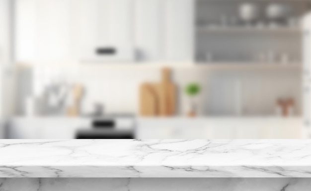 Horizontal photo of a marble table top with blurry background of modern contemporary interior design