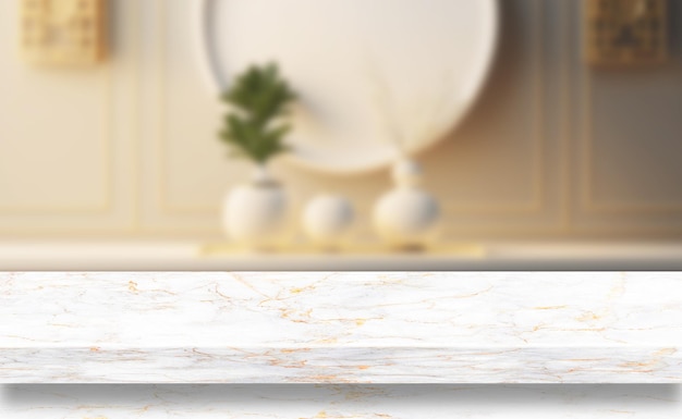 Horizontal photo of a marble table top with blurry background of modern contemporary interior design