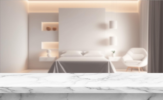 Horizontal photo of a marble table top with blurry background of modern contemporary interior design