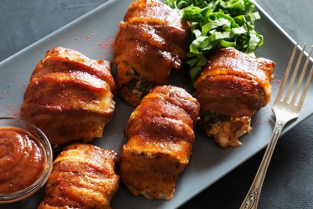 Horizontal photo of stuffed chicken breasts rolled in bacon on grey tray