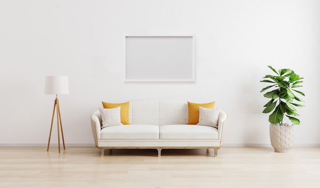 Horizontal picture frame in bright modern living room with white sofa, floor lamp and green plant on wooden laminate. Scandinavian style, cozy interior . stylish room mockup.3d render