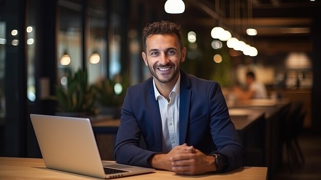 Горизонтальный портрет симпатичного бизнесмена, сидящего за столом, работающего с ноутбуком, смотрящего на камеру и счастливо улыбающегося на офисном фоне