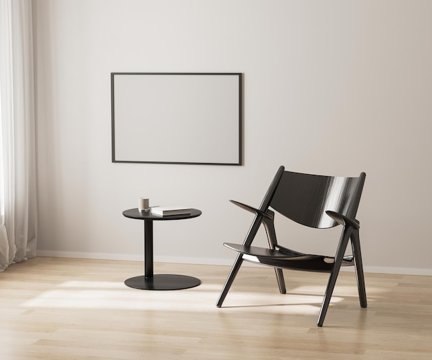 Horizontal poster frame mockup on white wall black chair and coffee table 3d render