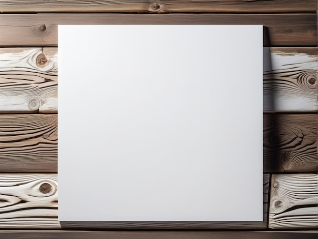 Horizontal rectangular blank white paper board card on wooden plank background Mock up for adverti