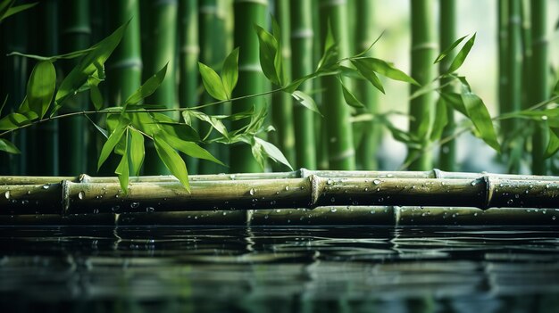 水面の背景に沈んだ強い竹の茎の水平の列 創造的なAI
