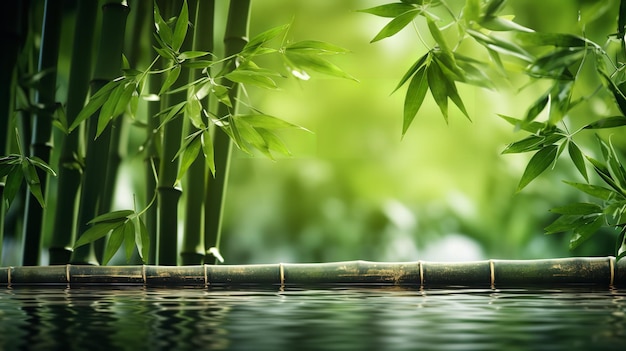 水の背景に沈んだ強い竹の茎の水平の列 生成的なAI