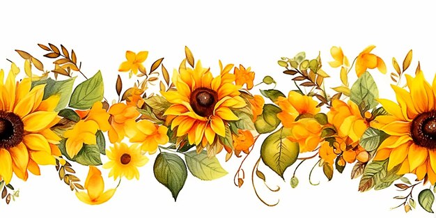 horizontal seamless border with yellow sunflowers and green leaves