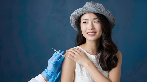 Horizontal shot of brunette young asian woman gets inoculation in shoulder wears fedora and white d