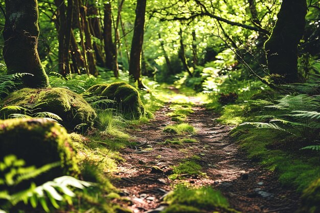 Horizontal shot of an empty path in green forest