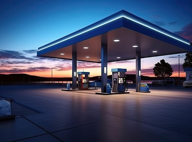 Horizontal shot of a generic unbranded gas station at night with copy space at the top and bottom