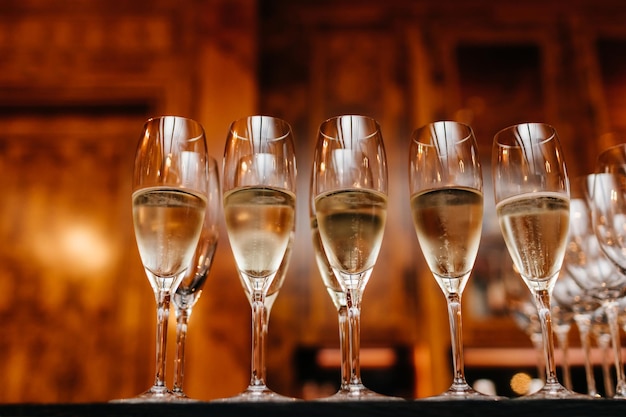 Horizontal shot of glasses with white wine or champagne in row against blurred background Drink concept Alcoholic beverage