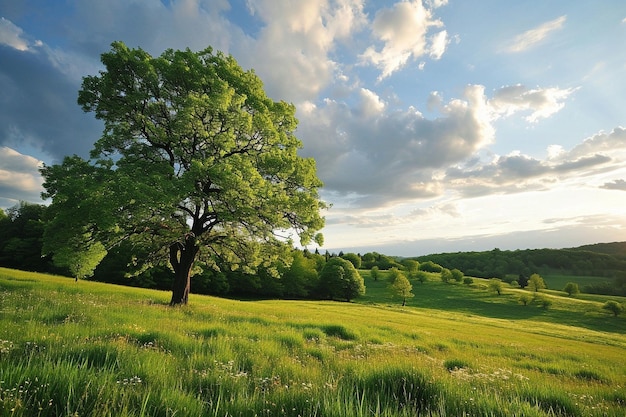 Photo horizontal shot of an isolated tree in a green field with a pathway under the cloudy sky