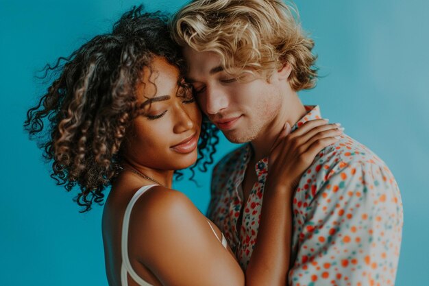 Photo horizontal shot of mixed race couple stand closely to each other isolated over background