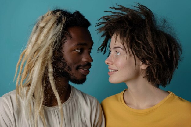 Horizontal shot of mixed race couple stand closely to each other isolated over background