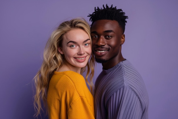 Photo horizontal shot of mixed race couple stand closely to each other isolated over background