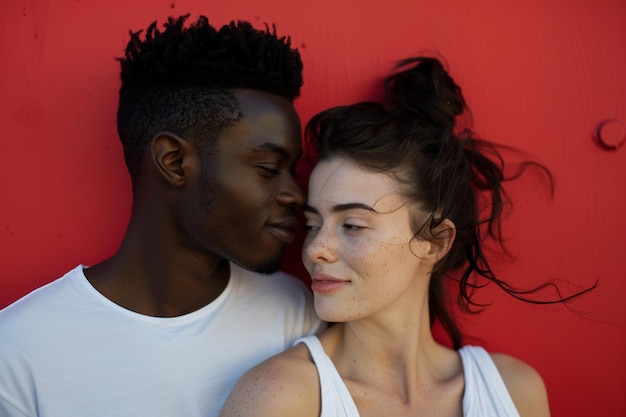 Horizontal shot of mixed race couple stand closely to each other isolated over background