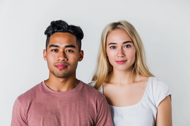 Horizontal shot of mixed race couple stand closely to each other isolated over background