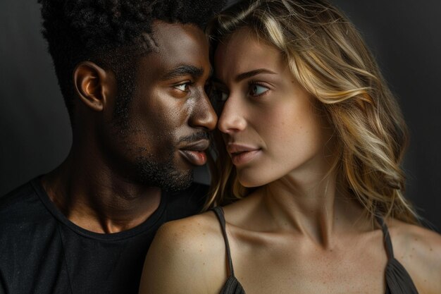 Horizontal shot of mixed race couple stand closely to each other isolated over background