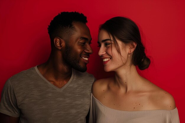 Photo horizontal shot of mixed race couple stand closely to each other isolated over background